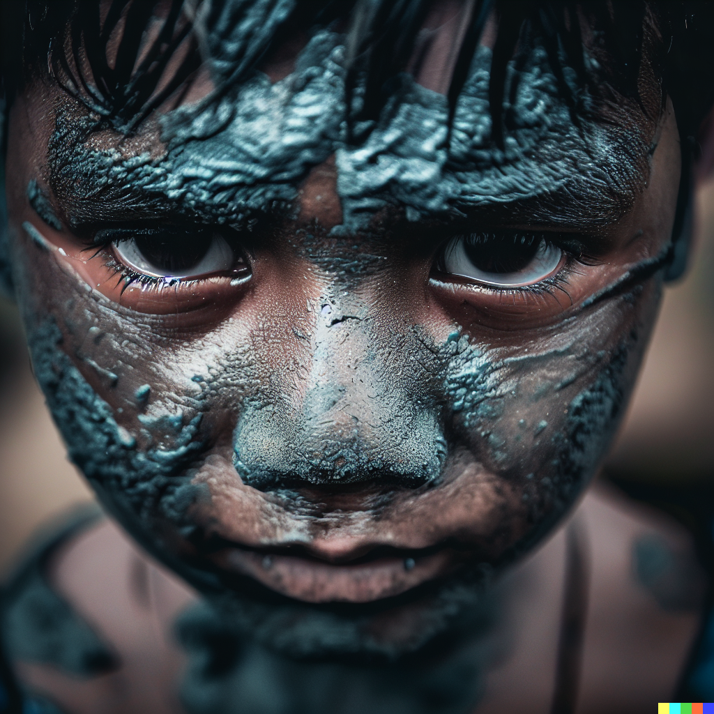 DALL·E 2023-03-30 18.46.23 - face of an Indian boy, covered in mud