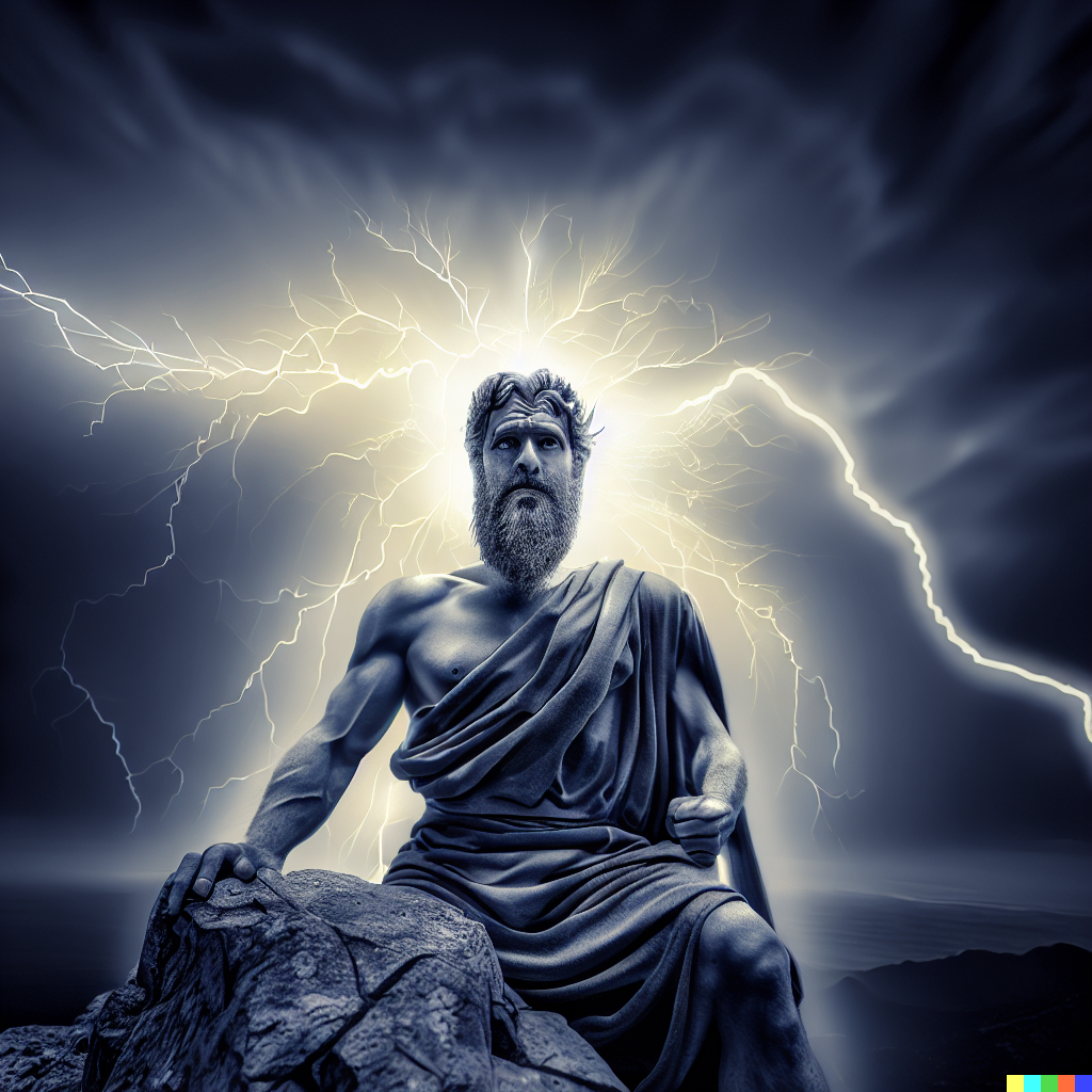 DALL·E 2023-03-30 18.46.35 - Portrait of an angry Zeus as human, at the top of Mount Olympos, with lightning in the background,